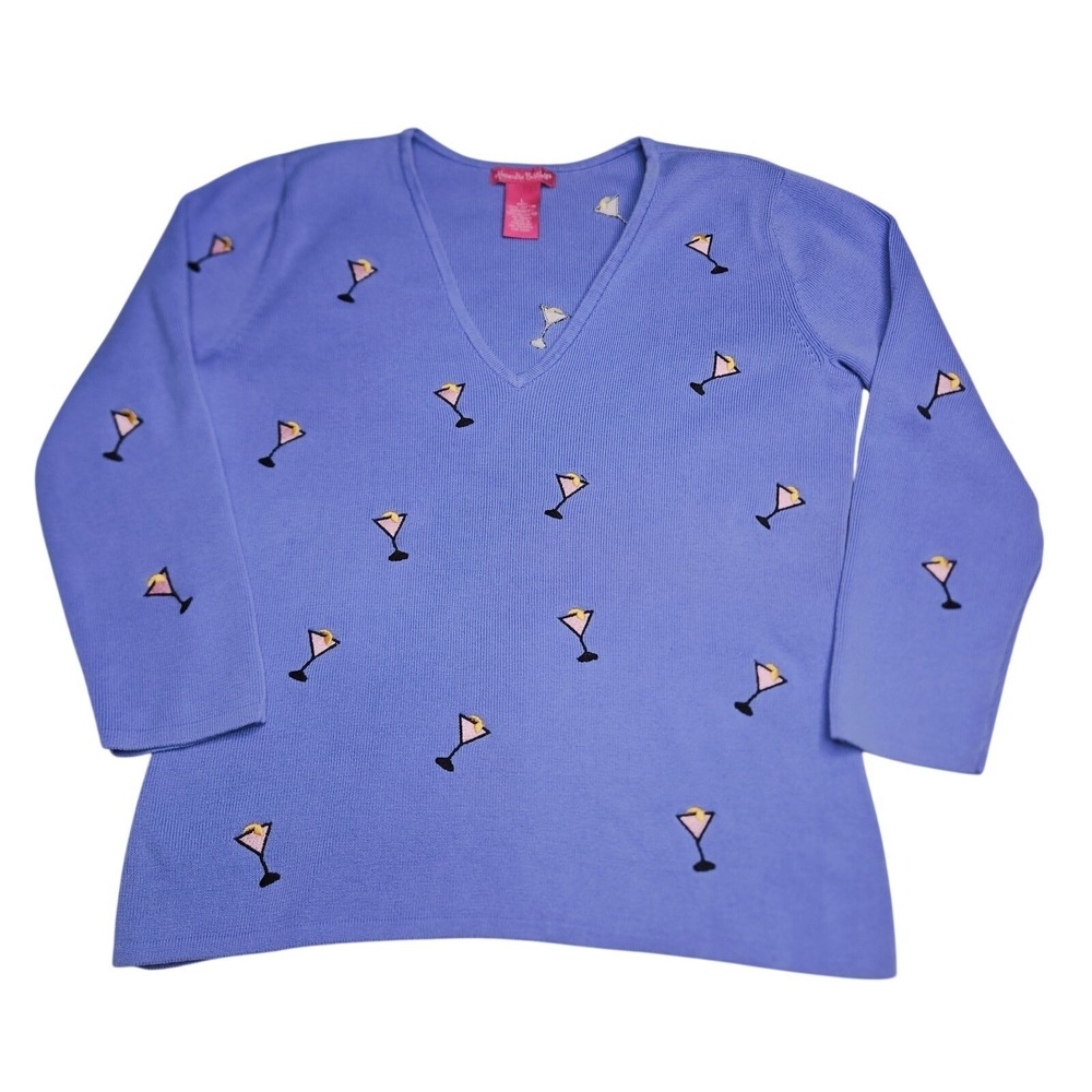Alexandra Bartlett Womens Cosmo Martini Embroidered Blue‎ Sweater Large 90s Y2K